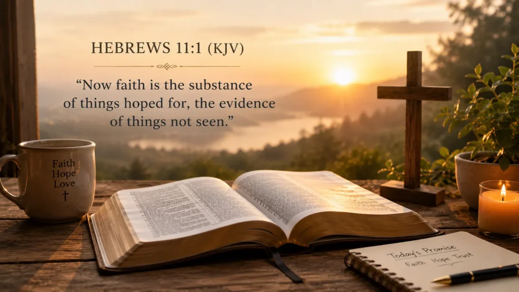 Prayer Before Work featured image with an open Bible, morning sunlight, coffee mug, prayer journal, wooden cross, and inspiring KJV Bible verse about trusting God before work.