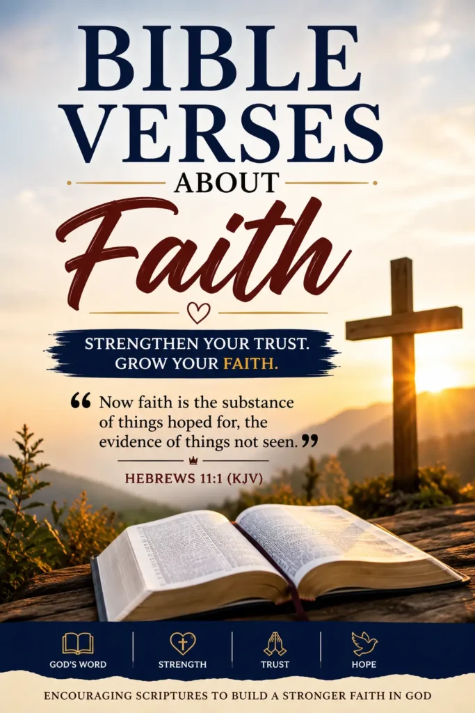 Pinterest image for Bible Verses About Faith featuring an open Bible, Christian faith theme, and powerful KJV Scriptures about trusting God.