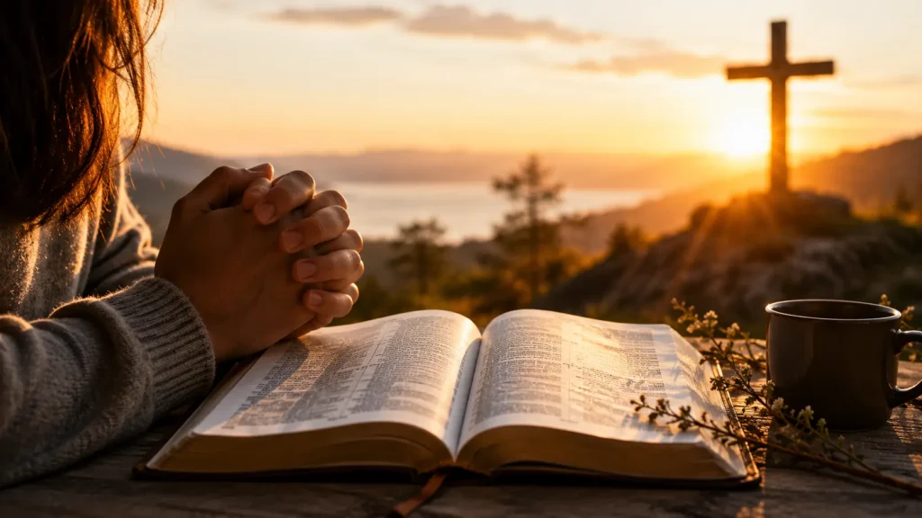 Inspirational Daily Prayer Pinterest image featuring an open Bible, wooden cross, and sunrise with the message "Start Your Day With God."
