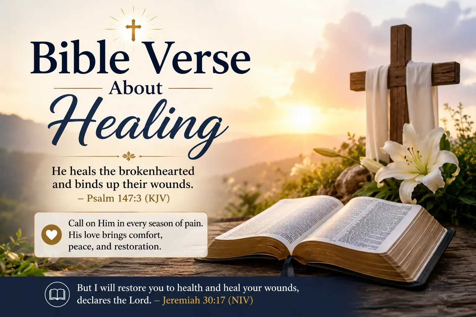 Bible Verses About Healing featuring an open Bible, wooden cross, white lilies, and a healing scripture, symbolizing God's comfort, faith, and restoration.