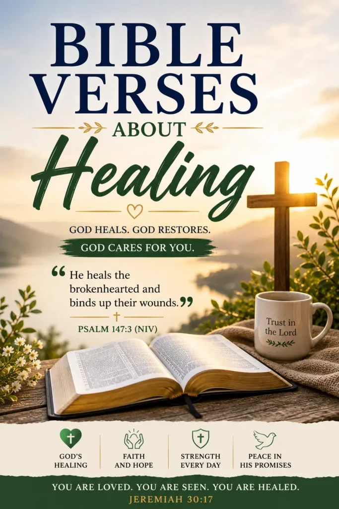 Bible Verses About Healing-Open Bible with healing scripture and peaceful sunrise background featuring Bible Verses About Healing