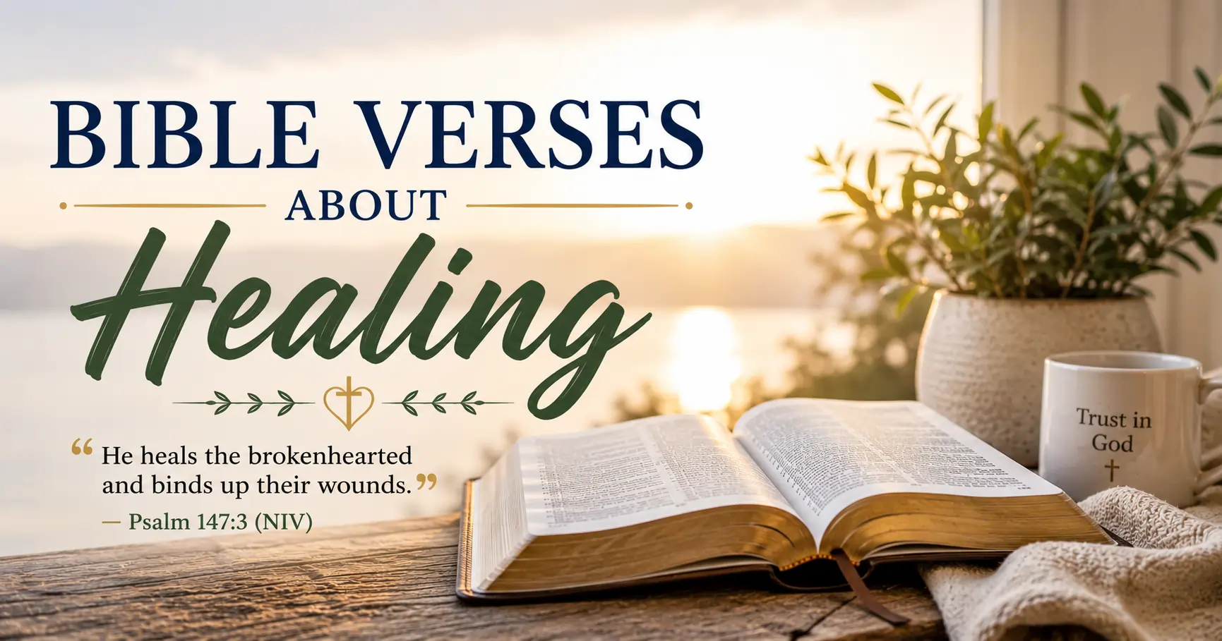 Open the Bible with a verse about healing and bible verses about healing on a sunrise wallpaper with peaceful colors