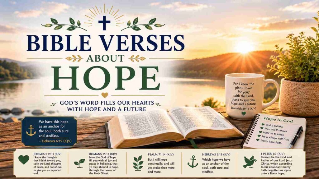 Content image for the Bible Verses About Hope article featuring an open Bible, mountain sunrise, coffee mug, notebook, and inspiring KJV Scriptures about God's strength and courage. Designed to encourage believers to trust God's power, remain faithful during difficult times, and find strength through His Word.
