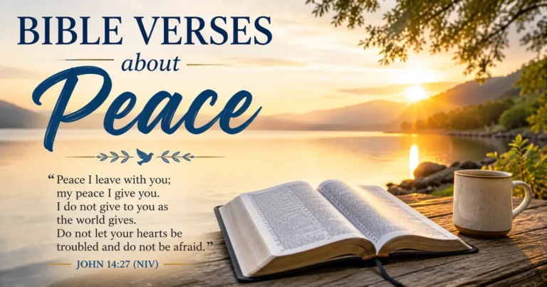 Open Bible beside a peaceful lake at sunrise featuring Bible Verses About Peace from John 14:27