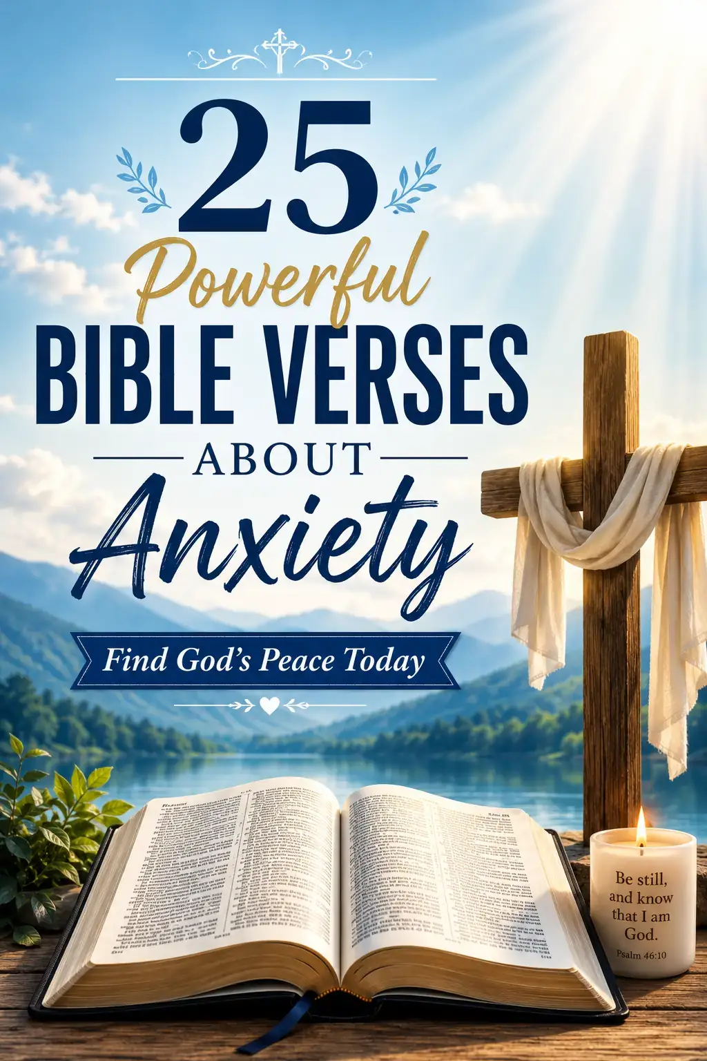Christian Pinterest image for Bible Verses About Anxiety featuring an open Bible, cross, sunlight, and peaceful scenery encouraging believers to find God's peace through Scripture.