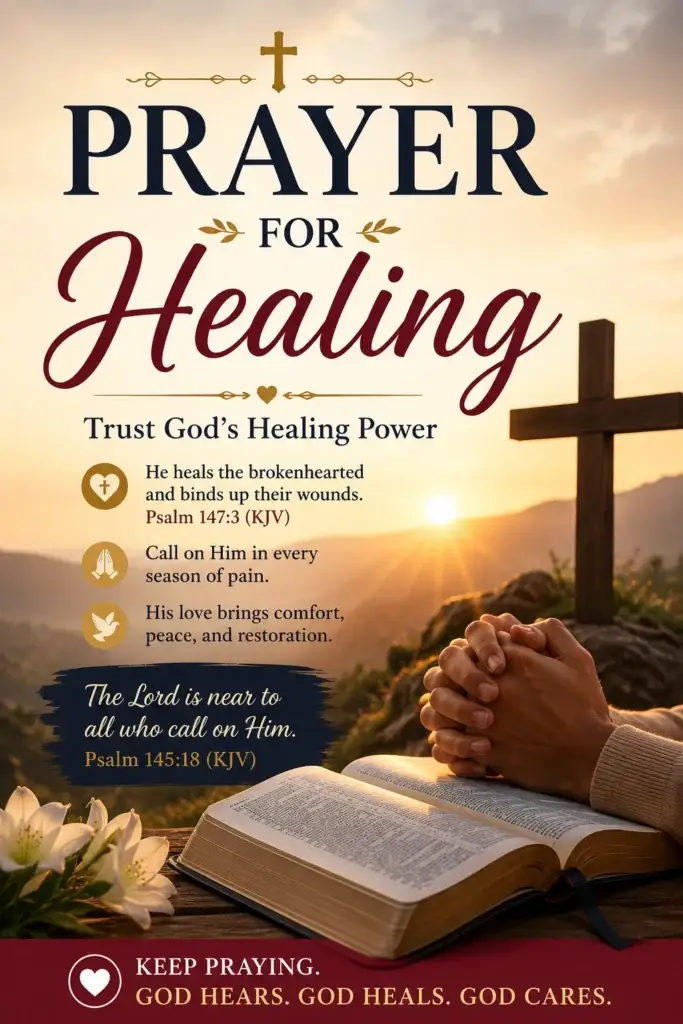 Prayer for Healing Pinterest graphic featuring a Christian praying beside an open Bible and cross during a golden sunrise, symbolizing God's healing, hope, faith, and restoration.