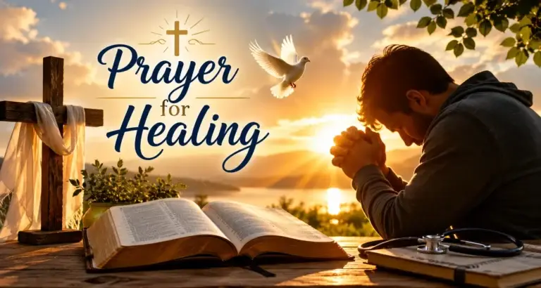 Prayer for Healing with a Christian praying beside an open Bible and cross at sunrise, symbolizing faith, hope, and God's healing power.