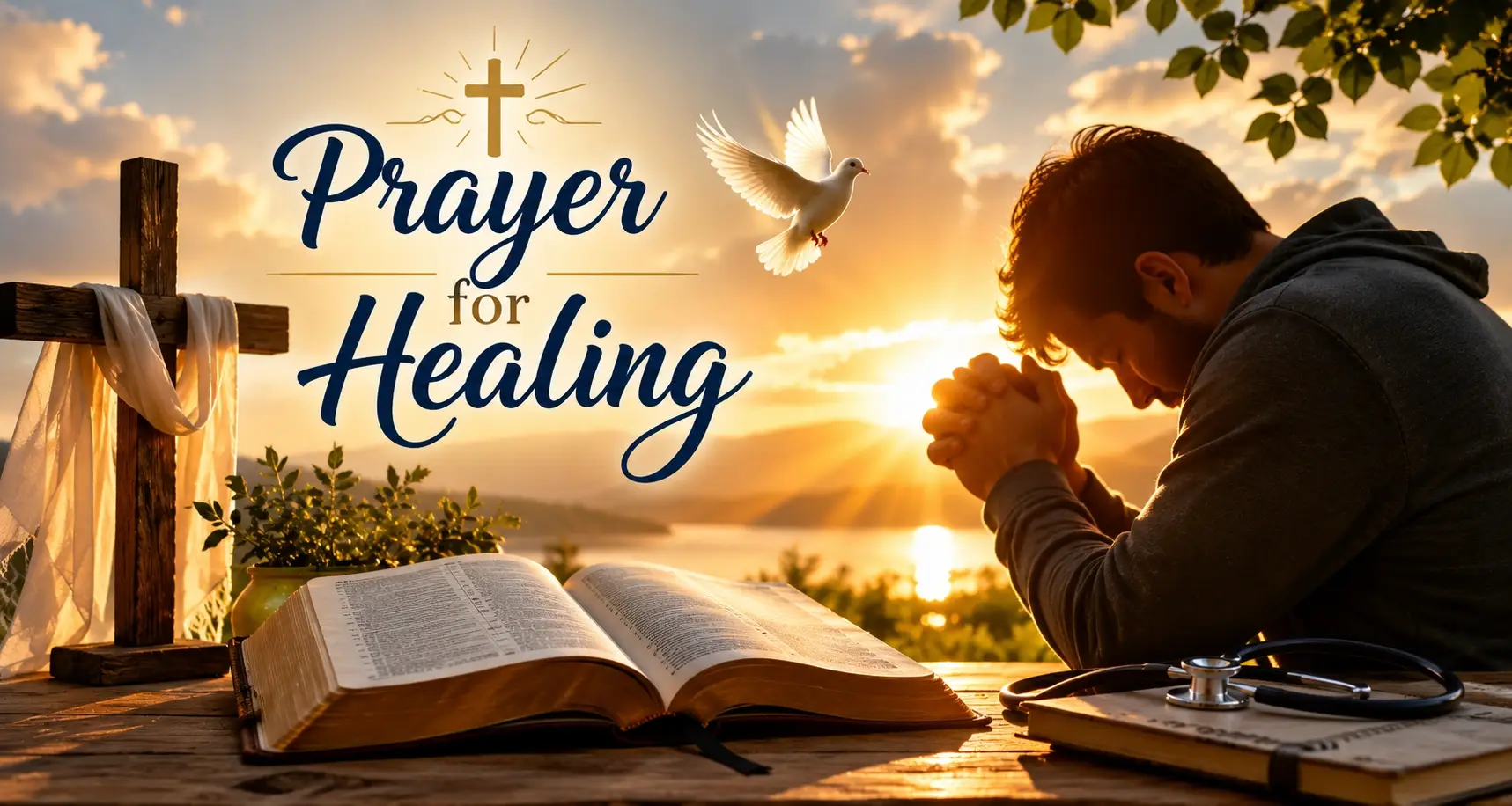 Prayer for Healing with a Christian praying beside an open Bible and cross at sunrise, symbolizing faith, hope, and God's healing power.