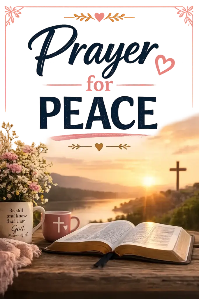 Prayer for Peace featuring an open Bible, Christian cross, sunrise landscape, and peaceful faith-inspired scene symbolizing God's comfort, hope, and lasting peace.