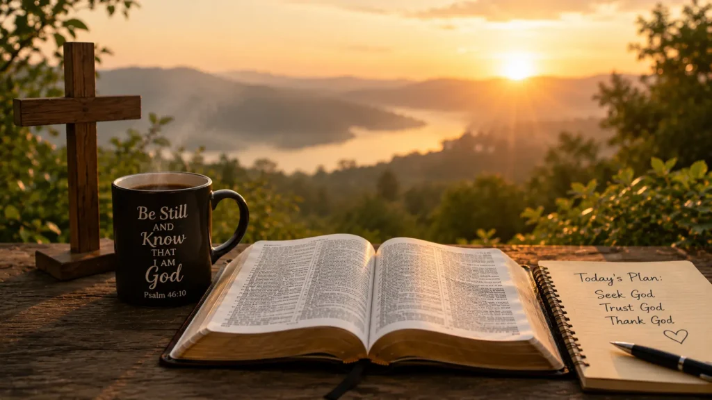 Bible Verses About Faith During Hard Times 1. Approximately open Bible, wooden cross, mountain sunrise. Bible Verse 1 Peter 5:7 7Casting all your care upon him; for he careth for you. We need to trust him and be faithful any time of the day and through the tough time.