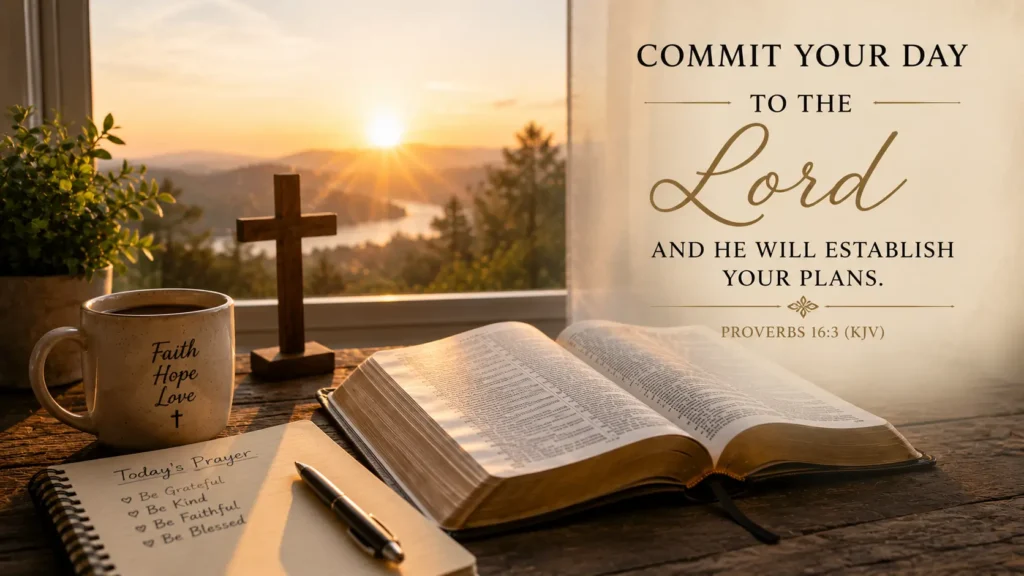 Morning Prayer Pinterest image featuring an open Bible, wooden cross, sunrise, and the message Start Your Day With God.