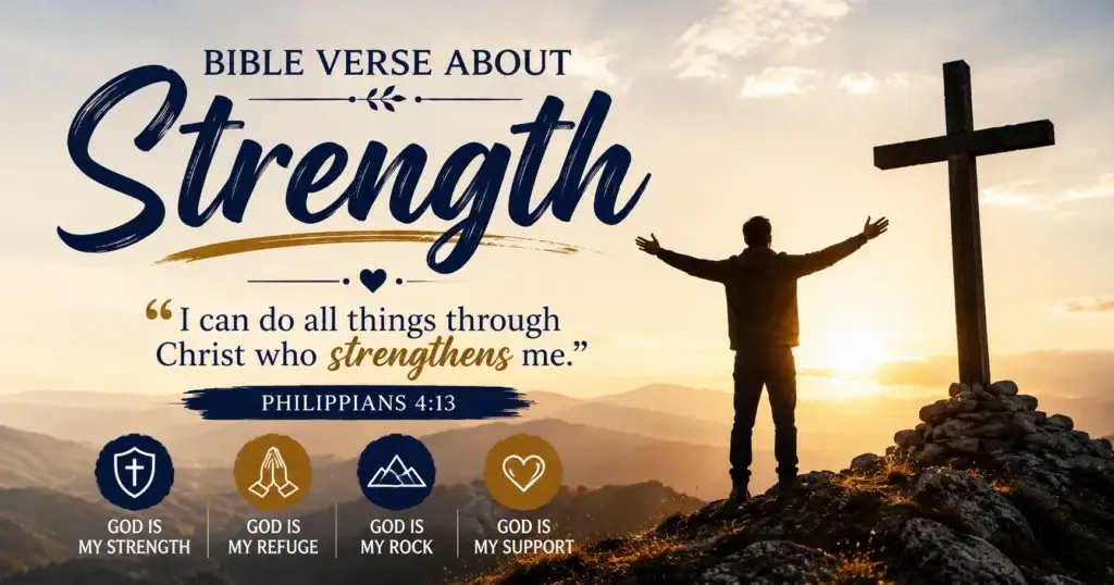 Prayer for Strength-Christian featured image showing a believer standing near a cross at sunrise with Philippians 4:13, symbolizing God's strength, faith, and encouragement.