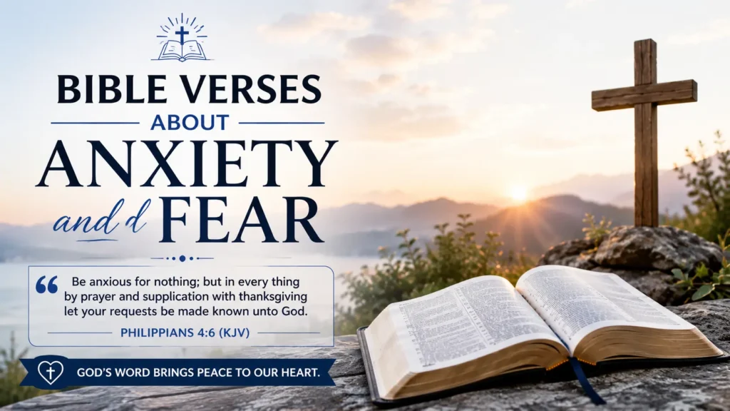 Bible Verses About Anxiety and Fear showing an open Holy Bible, wooden cross and a peaceful mountain from the book of God's promises of peace and comfort from the Holy Bible (KJV).