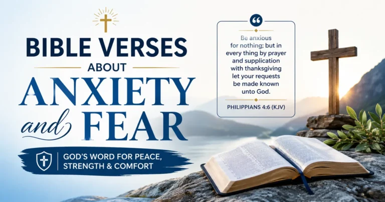 10 Bible Verses About Anxiety and Fear. Open Bible, wooden Cross, peaceful mountain scape, God's promises of peace and comfort from God's Word (KJV)0