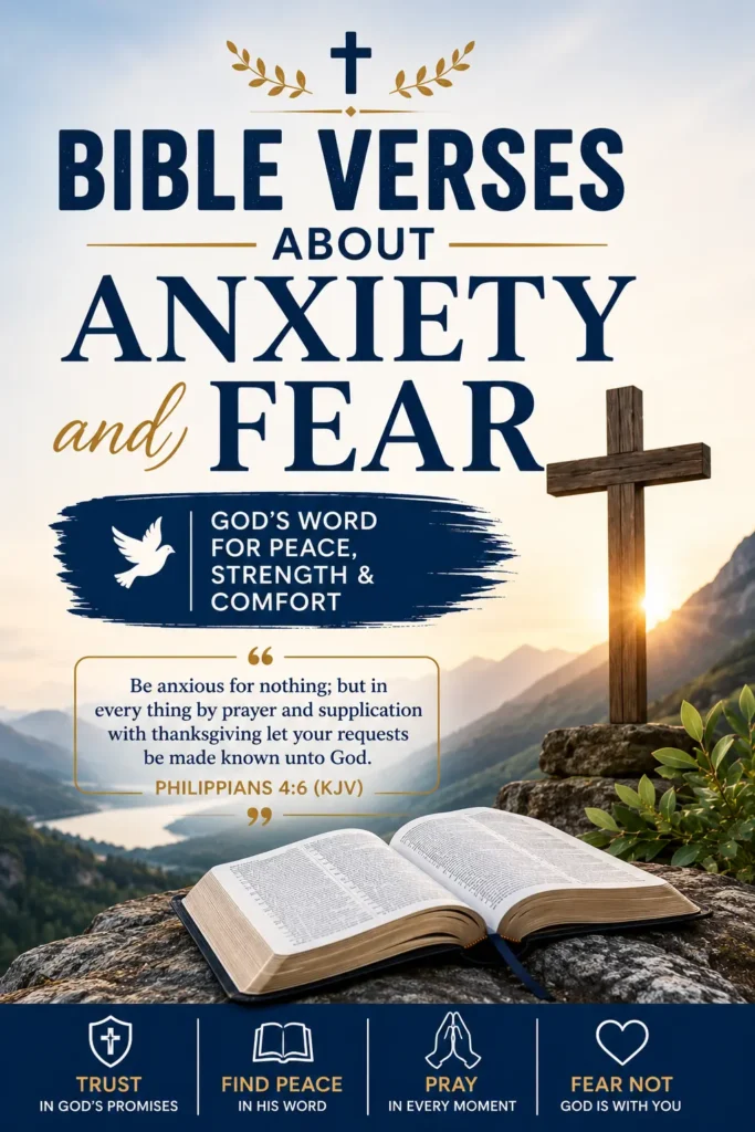 Pinterest image of Bible Verses About Anxiety and Fear with open Bible, wooden cross, and serene mountain scene. Philippians 4:6 (KJV) tells us to pray about everything and have no fear.