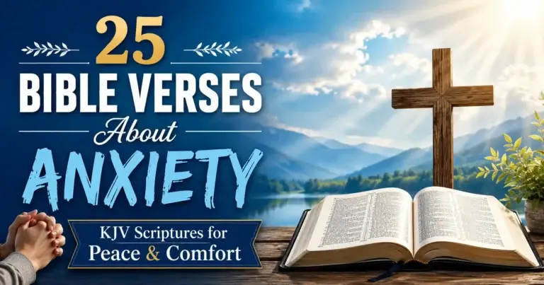 Bible Verses About Anxiety featured image with open Bible, wooden cross, peaceful blue sky, and comforting Christian theme based on KJV Scriptures.