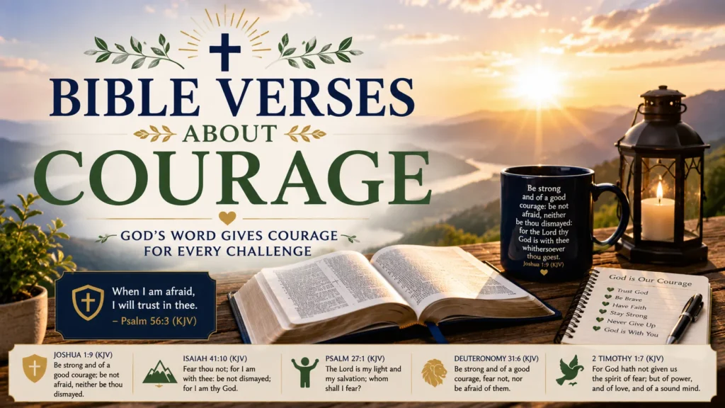 Bible Verses About Courage content image featuring an open Bible, mountain sunrise, lantern, coffee mug, notebook, and encouraging KJV Bible verses about courage and faith.