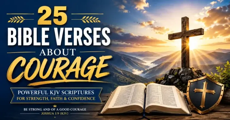 Bible Verses About Courage featuring an open Bible, wooden cross, mountain sunrise, and inspiring KJV Scriptures about faith, strength, and confidence in God.