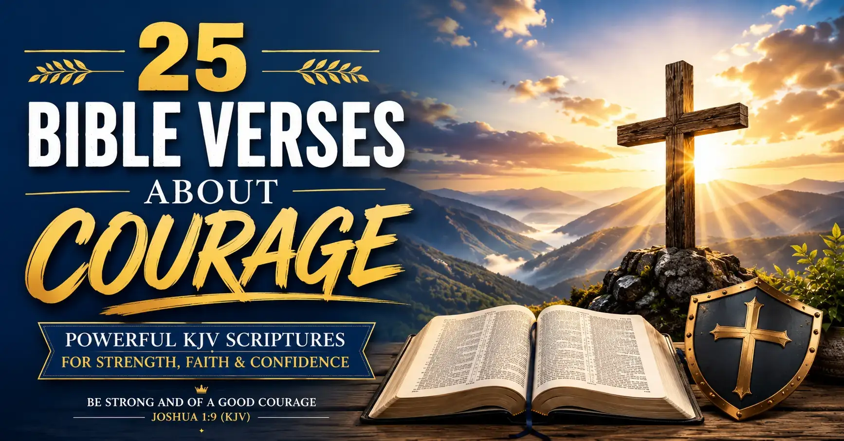 Bible Verses About Courage featuring an open Bible, wooden cross, mountain sunrise, and inspiring KJV Scriptures about faith, strength, and confidence in God.