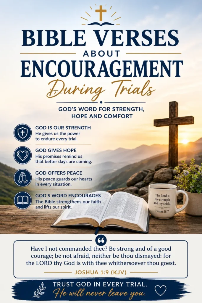 Bible verses about encouragement in trials an open Bible with a wooden cross on the desk a sun rising over the mountains with the following bible verse Joshua 1:9 (KJV). “The verses on this post encourage believers to find courage and hope in their time of difficulty.”