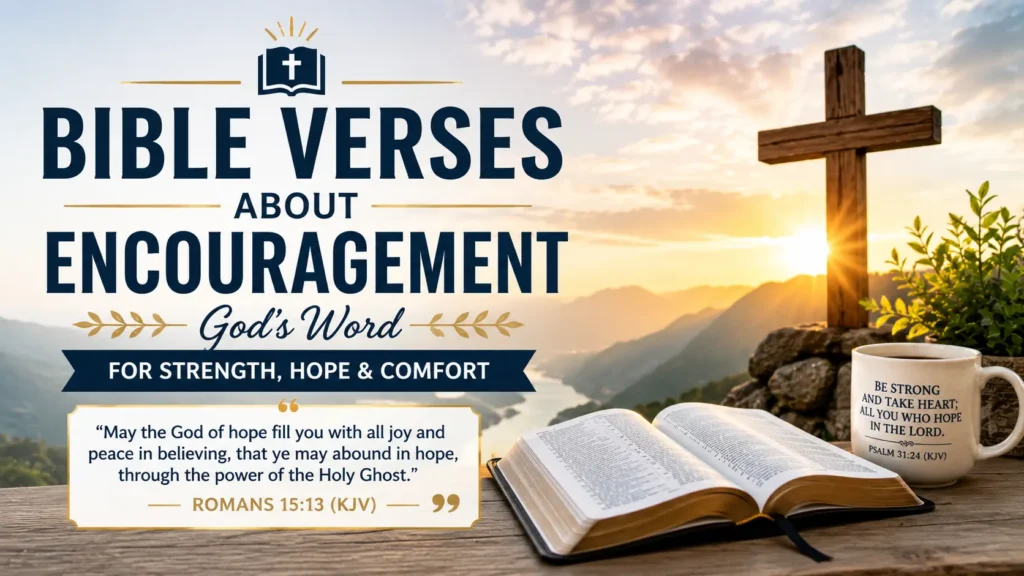 Bible verses to uplift believers through their hardships – including an opened Bible, a wooden cross, a sunrise above the mountains and Joshua 1:9 – the words read, “Be strong and of good courage; be not afraid, neither be dismayed: for the LORD thy God is with thee whithersoever thou goest.”