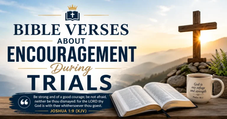 Promoting the encouraging bible verses during trials with an open bible, wooden cross, sunrise over mountains, and Joshua 1:9, KJV. Reminding God's people of His strength and hope, no matter how hard things may get.