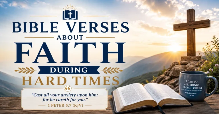 Bible passages on Faith through tough times, including an open Bible, a wooden cross, a mountain sunrise, and 1 Peter 5:7(KJV), tell all to trust in God and have faith when facing hardships.