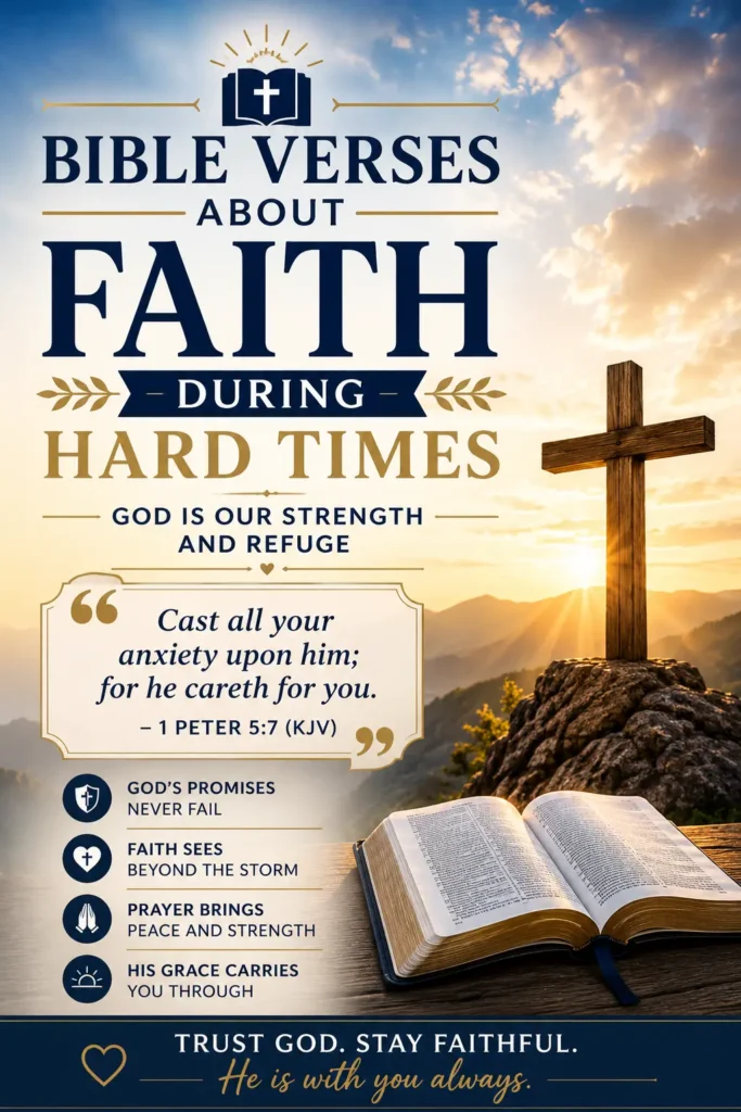 Pinterest image with Bible Verses About Faith During Hard Times, open Bible, wooden cross leaning against Bible, sunrise over mountains, and 1 Peter 5:7(KJV), to encourage believers to rely on God in tough times.
