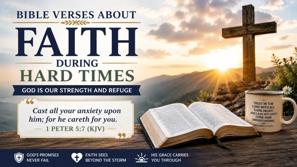 A collection of Bible Verses About Faith During Hard Times with an open Bible, cedar cross, mountain sunrise and 1 Peter 5:7 (KJV),telling us totrust God and be faithful!