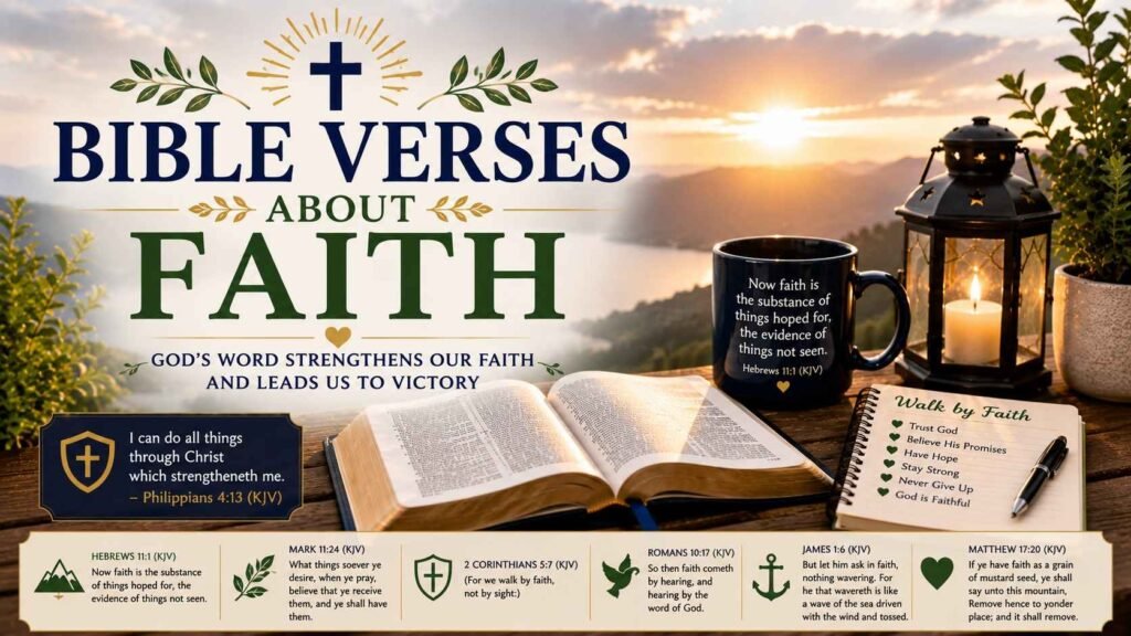 Bible Verses About Faith content image featuring an open Bible, mountain sunrise, lantern, coffee mug, notebook, and encouraging KJV Bible verses about faith and trusting God.