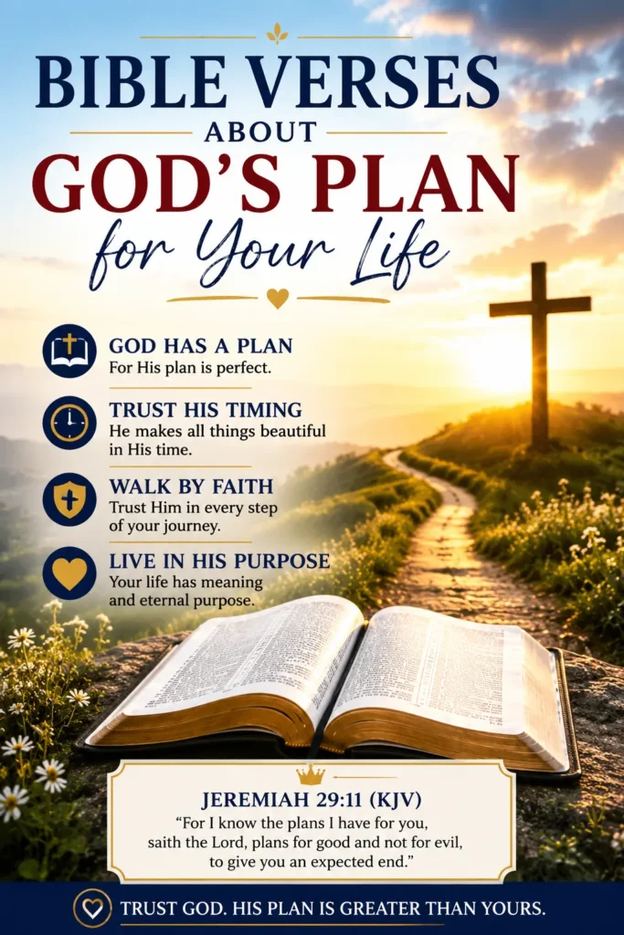 Bible Verses About God's Plan For Your Life showing an open Bible, a wooden cross, a quiet sunrise, and Jeremiah 29:11 (KJV), Call upon me, and I will show you great and mighty things. Trust God's plan and walk by faith!