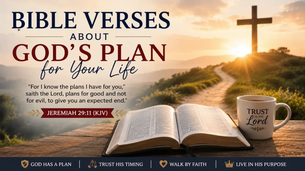 Bible Verses About God's Will for Your Life picture of a Bible showing on a desk, a wooden cross, a sunrise creating a peaceful scene, with Jeremiah 29:11 (KJV), reminding us to rely on God's perfect plan and move forward through faith.