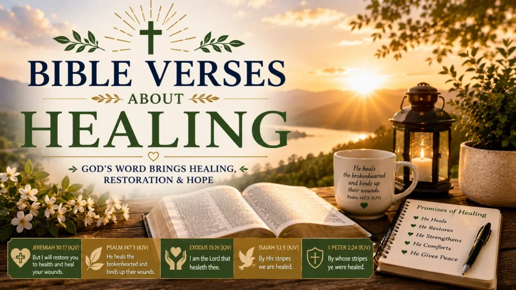 Bible Verses About Healing content image featuring an open Bible, peaceful sunrise, lantern, coffee mug, healing promises, and encouraging KJV Bible verses about God's healing.
