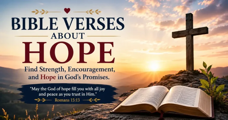 Bible Verses About Hope featuring an open Bible, cross, sunrise, and encouraging KJV Scriptures about hope, faith, and God's promises.