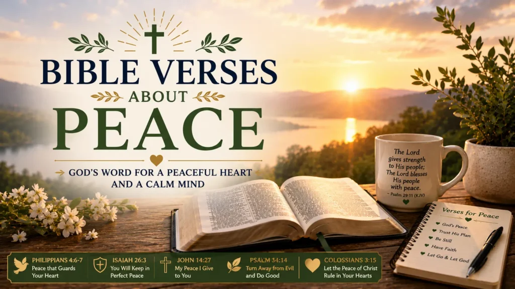 Bible Verses About Peace content image featuring an open Bible, peaceful sunrise, coffee mug, notebook, and encouraging KJV Bible verses about God's peace.