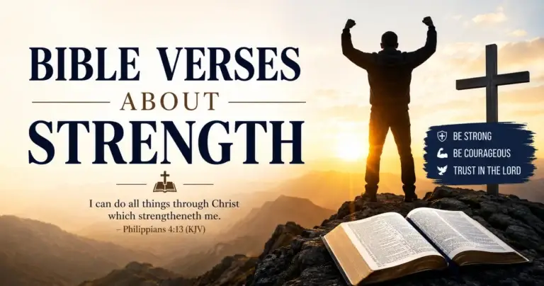 Bible Verses About Strength featured image showing a Christian standing on a mountain with raised hands, an open Bible, a cross, and a sunrise symbolizing faith, courage, and God's strength.