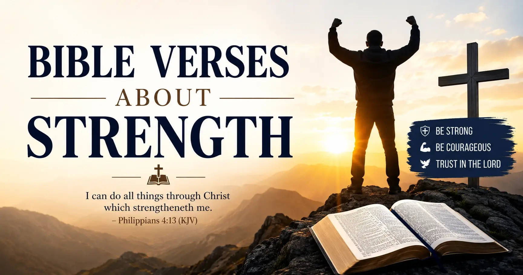 Bible Verses About Strength featured image showing a Christian standing on a mountain with raised hands, an open Bible, a cross, and a sunrise symbolizing faith, courage, and God's strength.