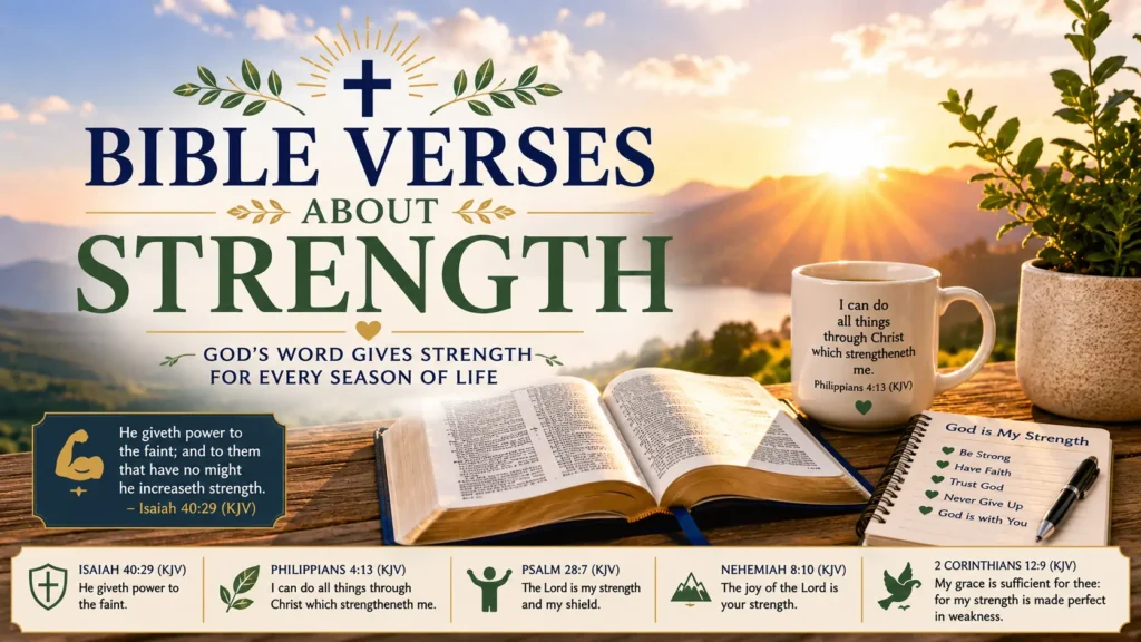 Bible Verses About Strength content image featuring an open Bible, mountain sunrise, coffee mug, notebook, and encouraging KJV Bible verses about God's strength.