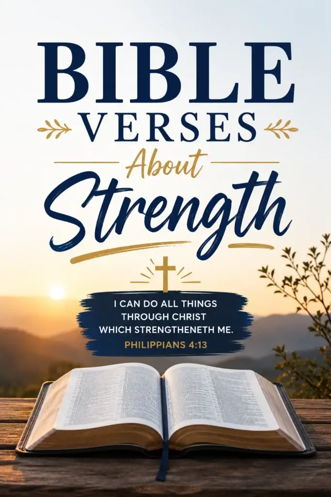 Bible Verses About Strength Pinterest image featuring an open Bible, cross, sunrise background, and Philippians 4:13 KJV Scripture about strength through Christ.