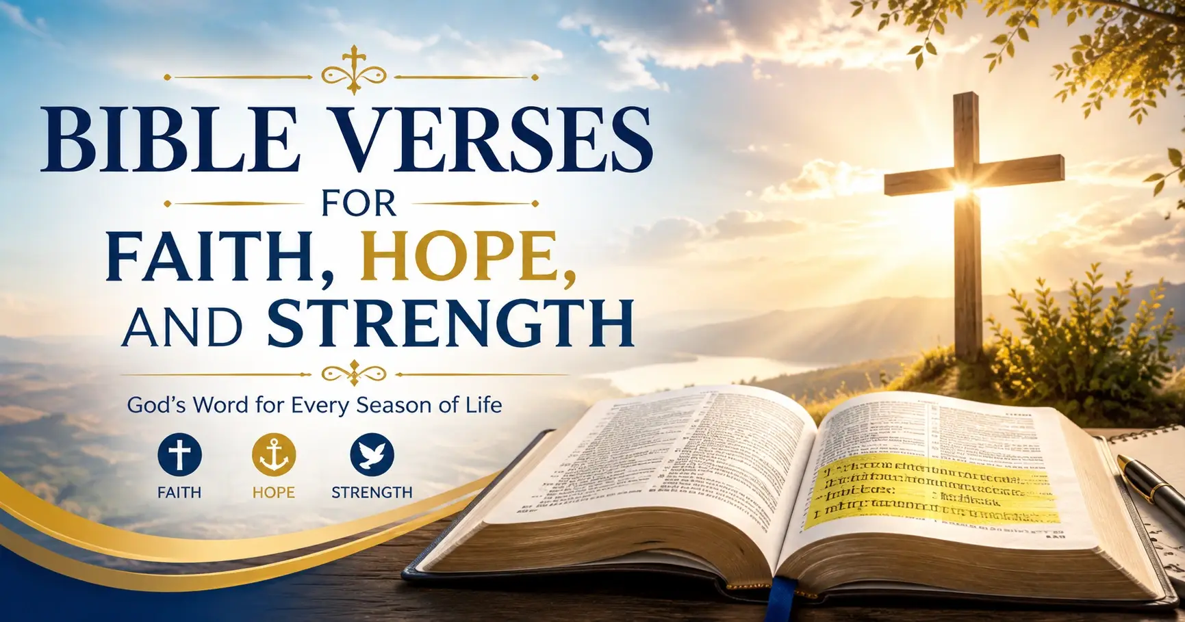 Bible Verses-Open Bible with highlighted Scripture verses representing faith, hope, strength, encouragement, and spiritual growth.