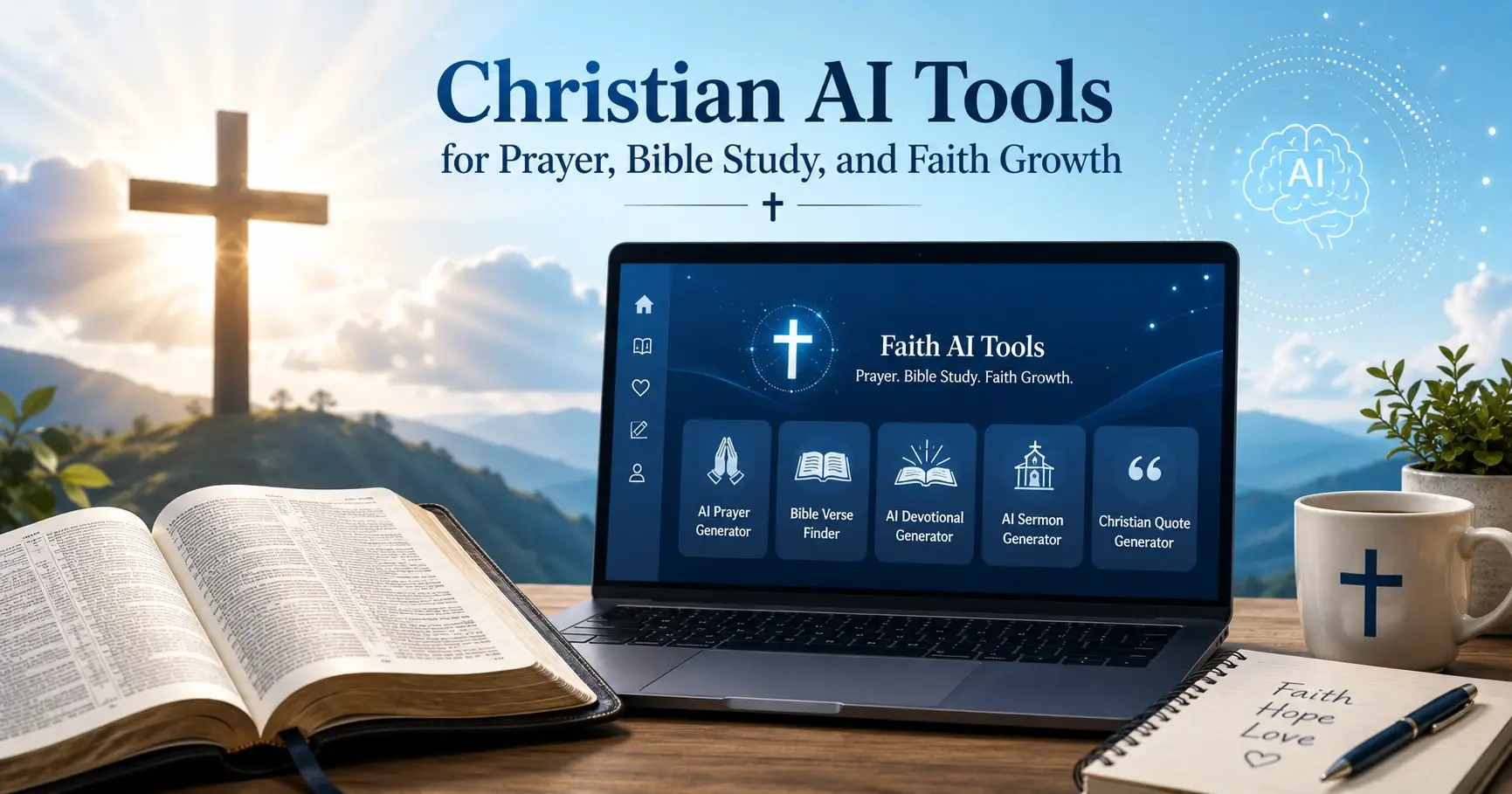 Open Bible with AI technology and cross symbol representing Christian AI tools for prayer, Bible study, and faith growth.