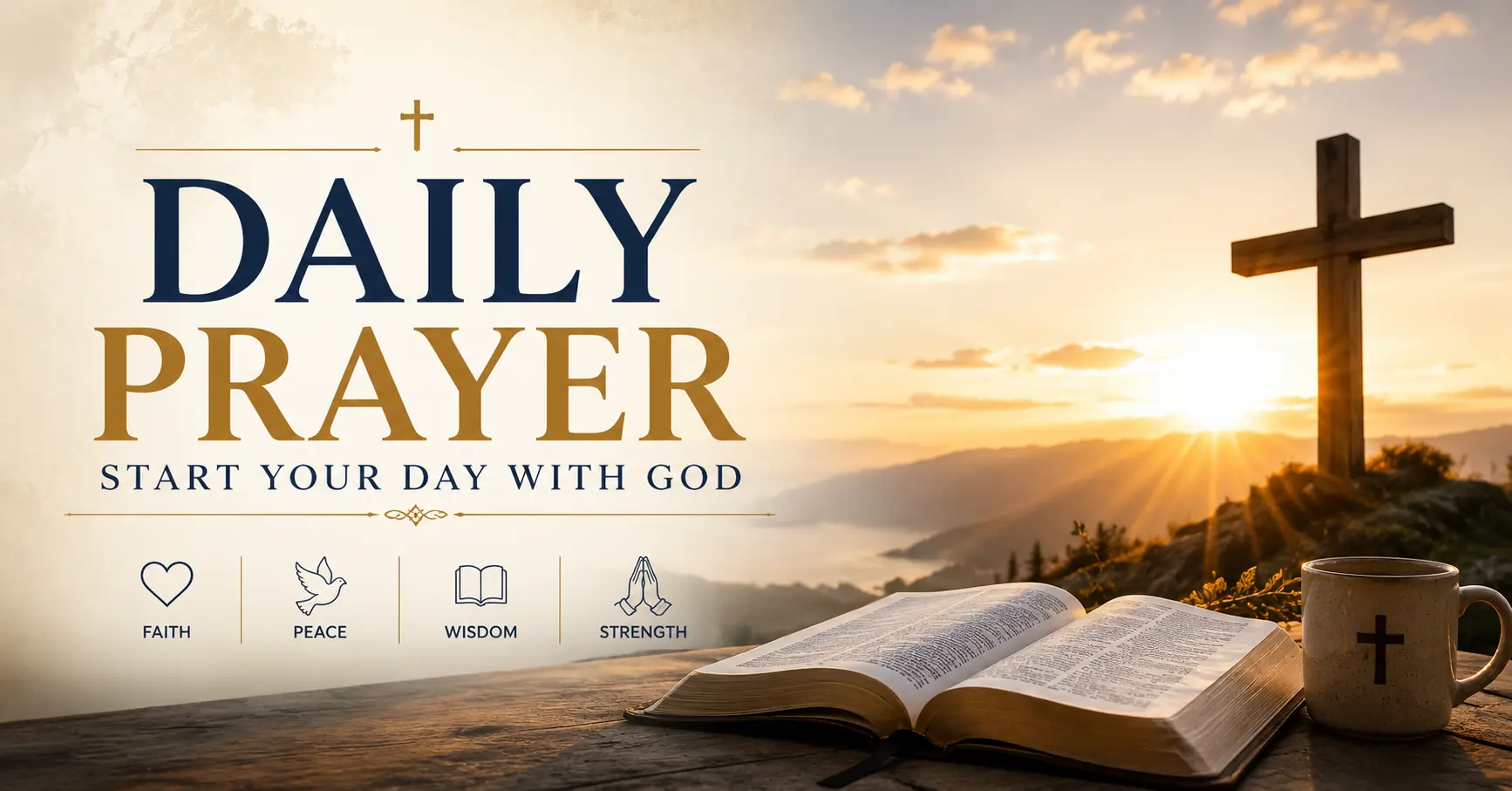 Daily Prayer featured image with an open Bible, wooden cross, sunrise, and the message Start Your Day With God.
