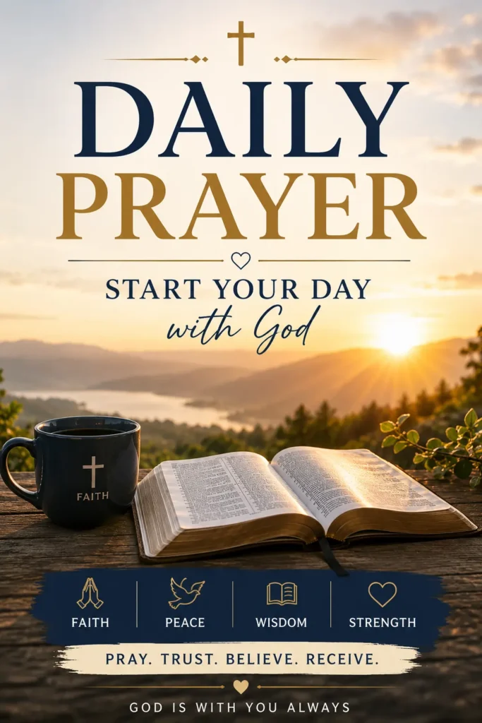 Daily Prayer with an open Bible, wooden cross, sunrise, and the message Start Your Day With God.