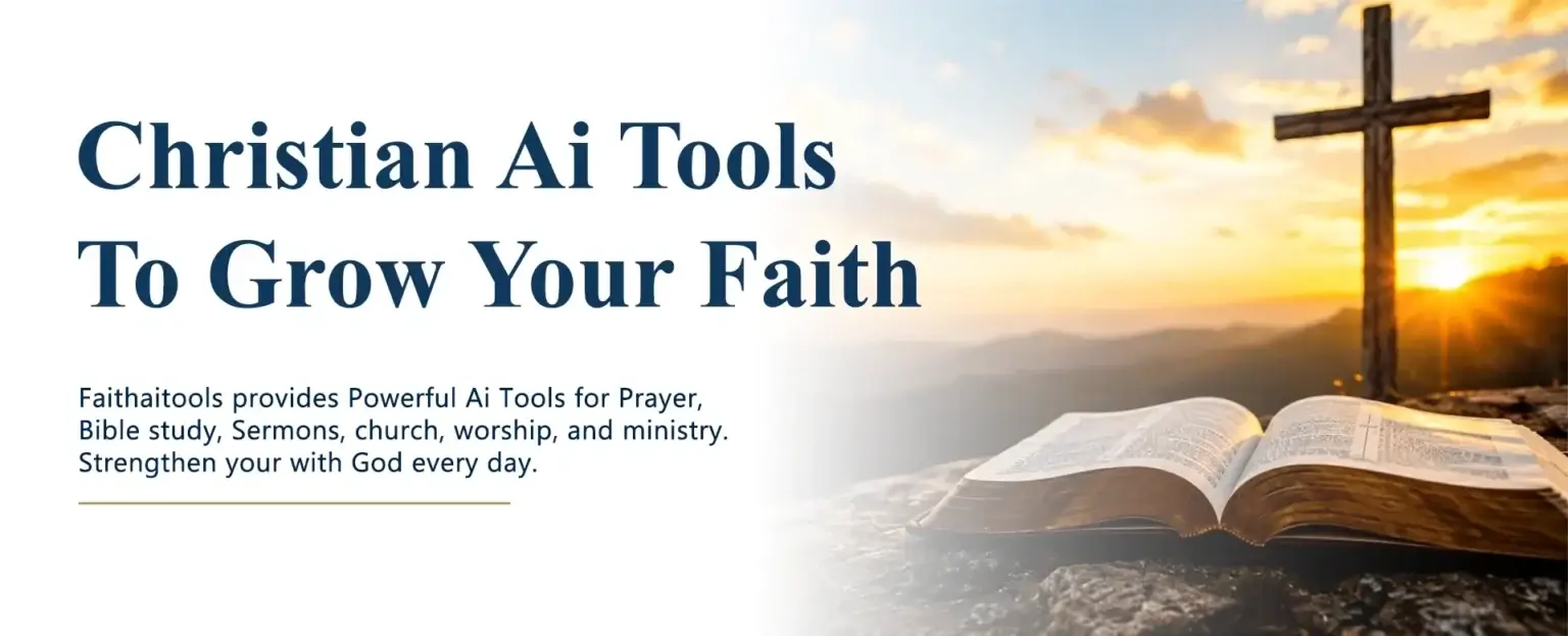 Christian AI Tools to Grow Your Faith banner featuring an open Bible, wooden cross, sunrise, and faith-based AI resources for prayer and Bible study.