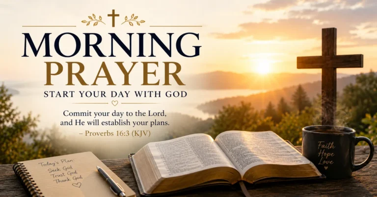 Morning Prayer featured image with an open Bible, wooden cross, sunrise, and the message Start Your Day With God.