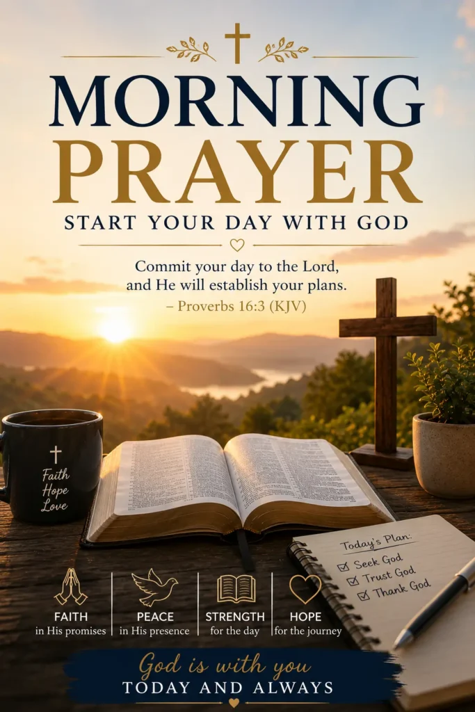 Morning Prayer Pinterest image featuring an open Bible, wooden cross, sunrise, and the message Start Your Day With God.