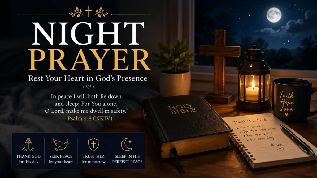 Night Prayer featured image with an open Bible, glowing lantern, wooden cross, peaceful night sky, crescent moon, and the message End Your Day With God.