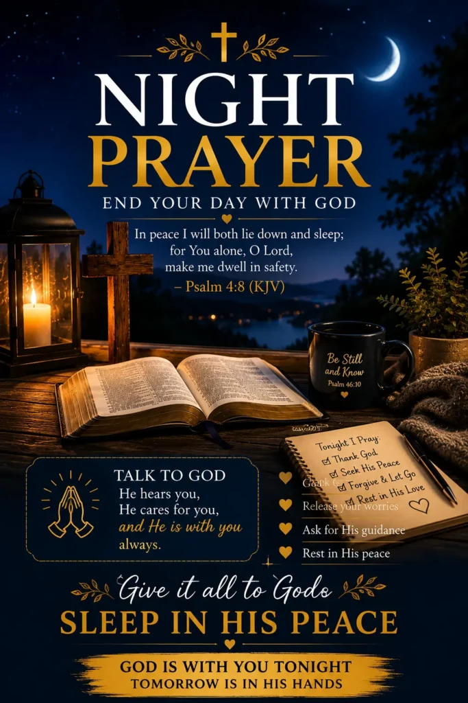Night Prayer Pinterest image featuring an open Bible, wooden cross, glowing lantern, candlelight, crescent moon, and the message End Your Day With God.