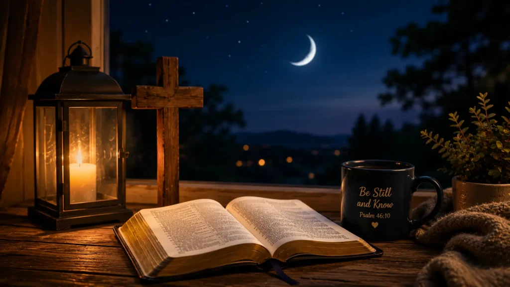 Night Prayer featured image with an open Bible, glowing lantern, wooden cross, peaceful night sky, crescent moon, and the message End Your Day With God.
