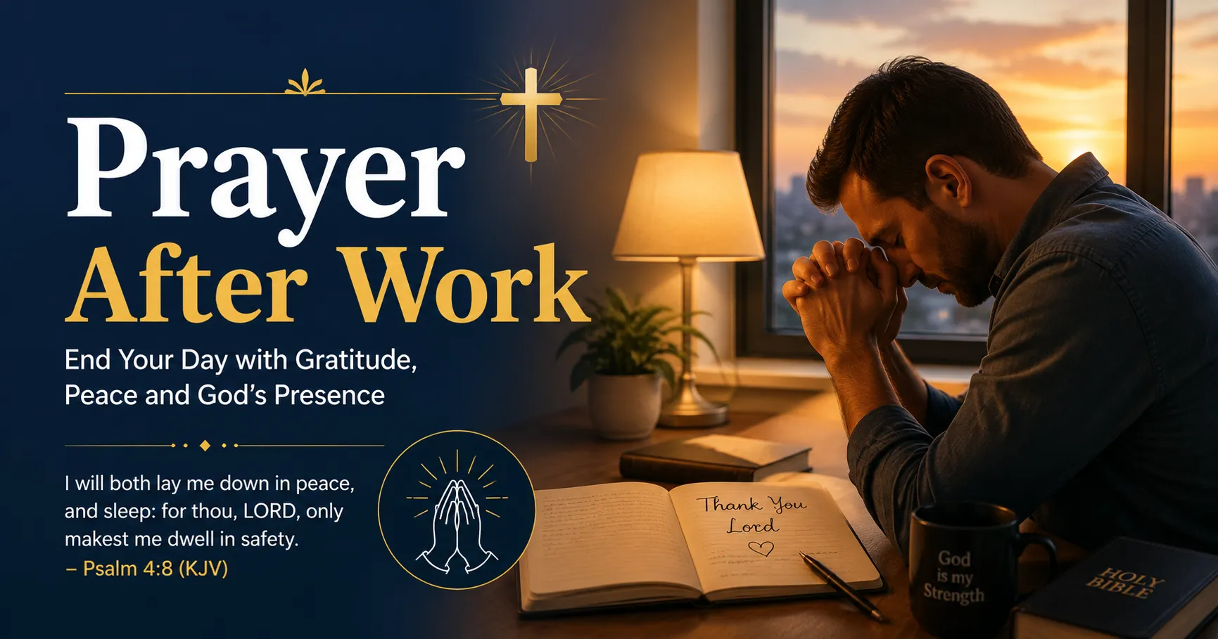 Prayer After Work a Christian prayer with an open Bible after a long day today, asking for God's peace, strength and guidance.